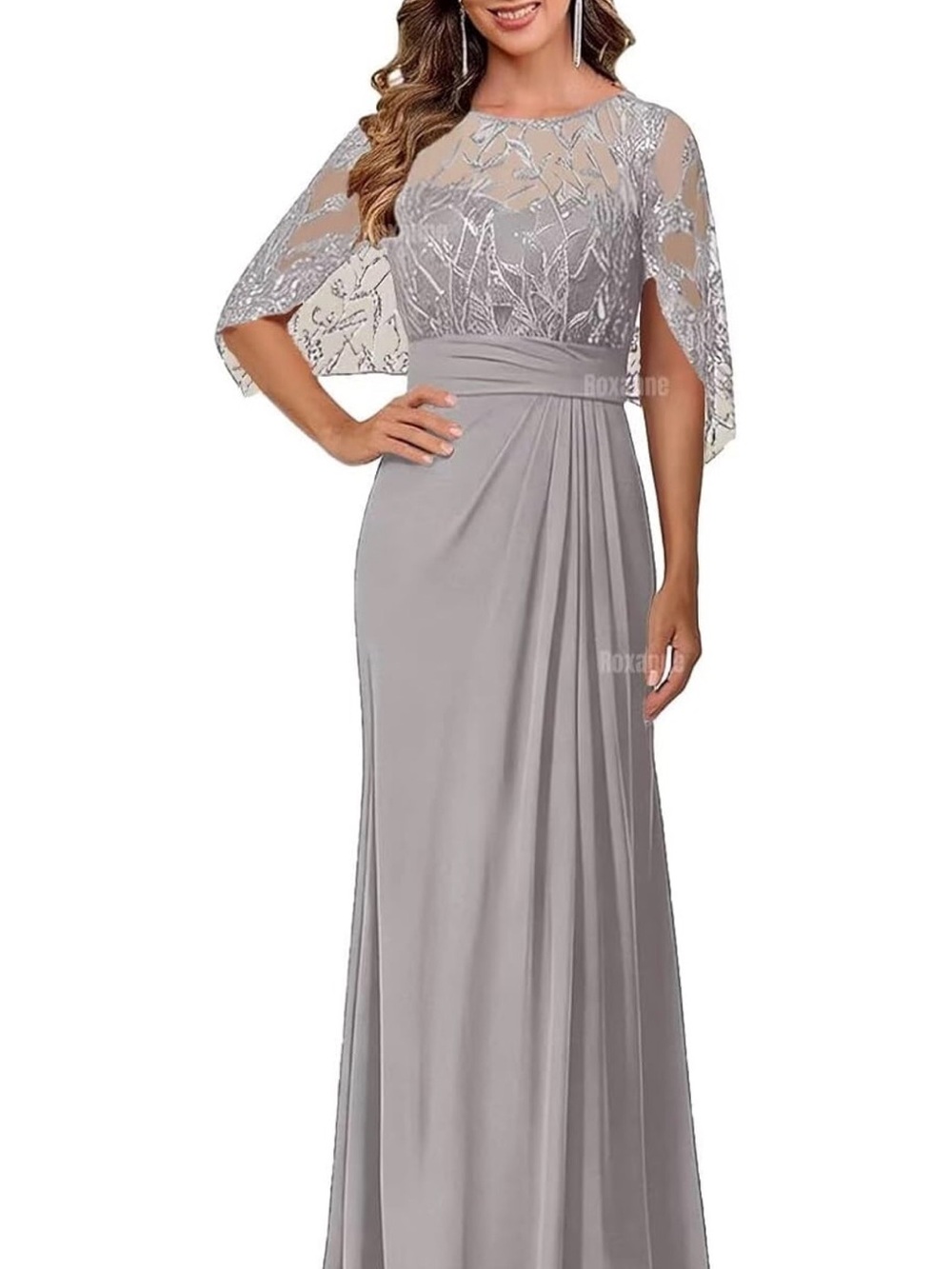 Elegant Silver Gray Lace Bodice Evening Dress